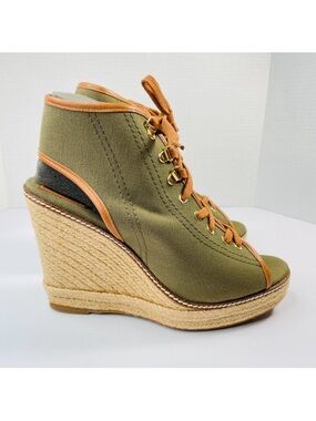 Tory Burch Olive Canvas Lace-Up Wedge Espadrille Bootie Size10B Gently Used